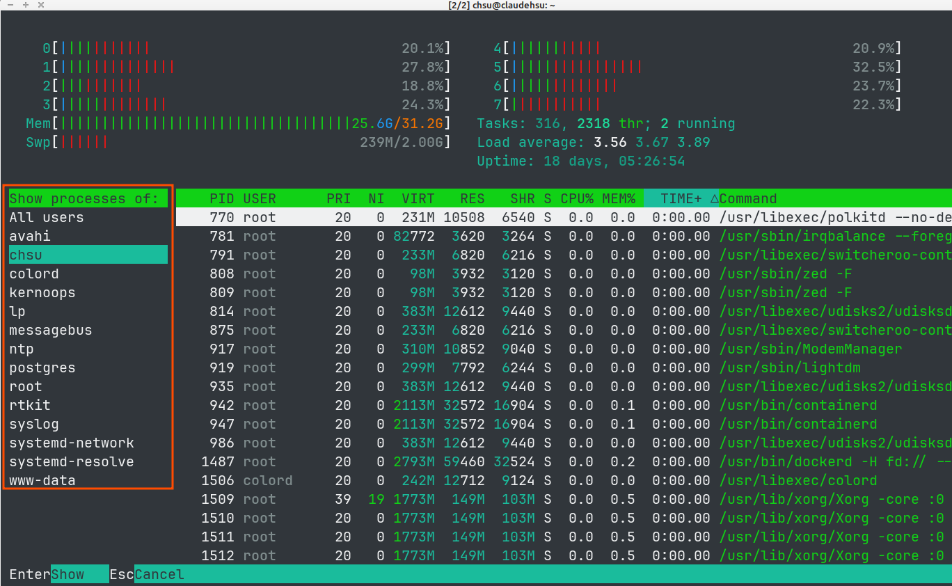 Show processes per user